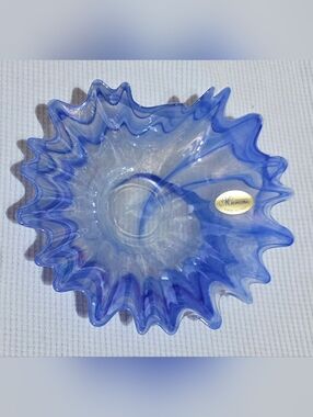 Vintage Murano Blue and Clear Ruffled Art Glass Bowl
